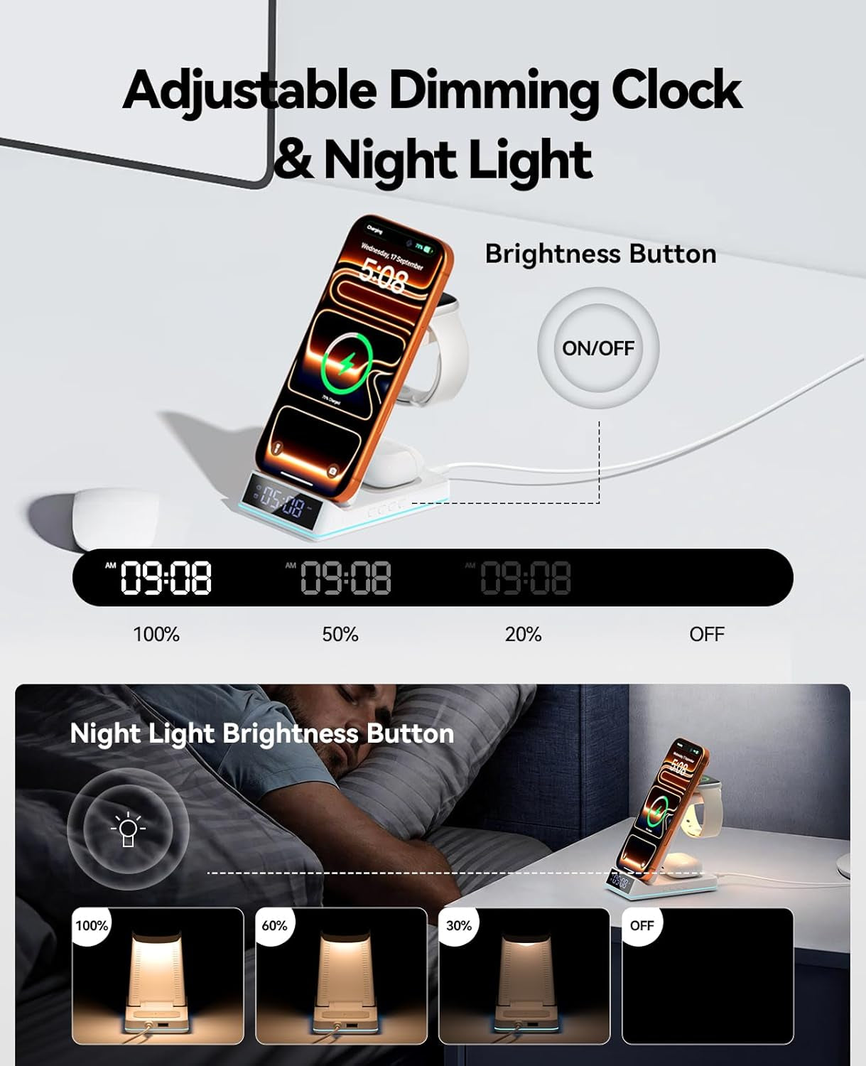 Wireless Charging Station, 7 in 1 Wireless Charger Foldable Charger Stand | 2026 Upgraded with Night Light/Alarm Clock for Iphone 17-12 Pro Max Plus, Apple Watch, Airpods Gifts