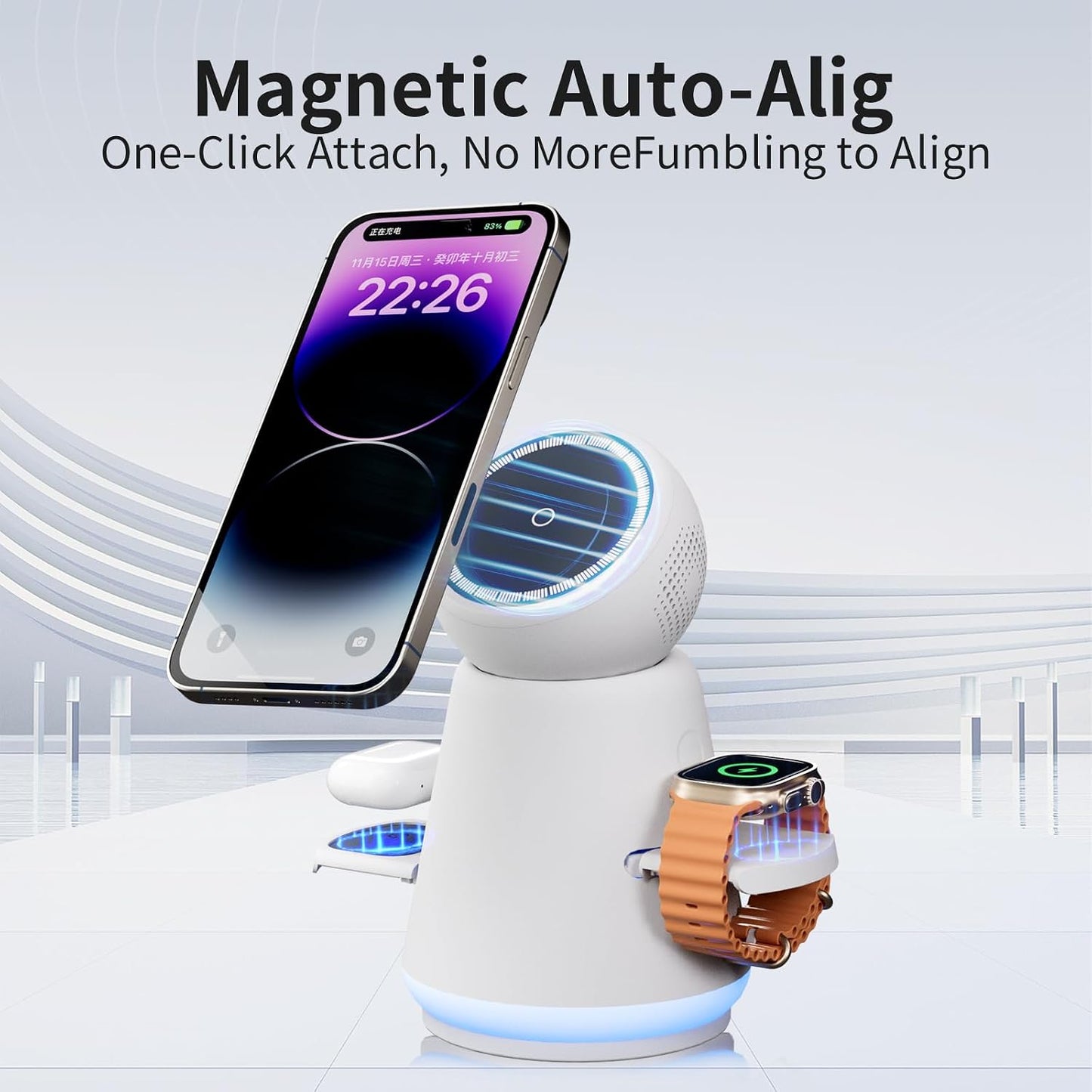 3-In-1 Rotatable Magsafe Wireless Charging Station for Apple, 25W Total Output Fast Charging Magnetic Dock Compatible with Iphone 12/13/14/15/16/17 Series, Apple Watch,Air Pods (Adapter Included)