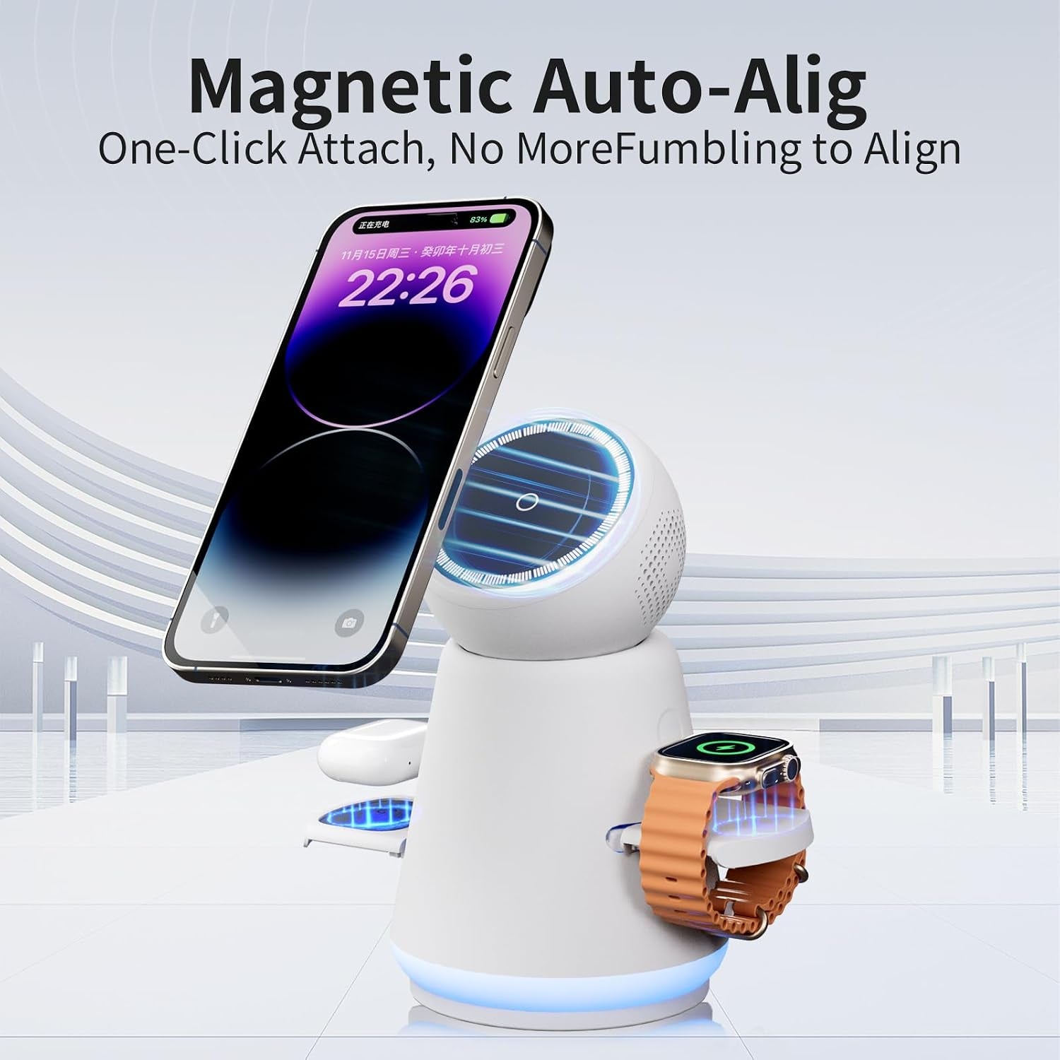3-In-1 Rotatable Magsafe Wireless Charging Station for Apple, 25W Total Output Fast Charging Magnetic Dock Compatible with Iphone 12/13/14/15/16/17 Series, Apple Watch,Air Pods (Adapter Included)