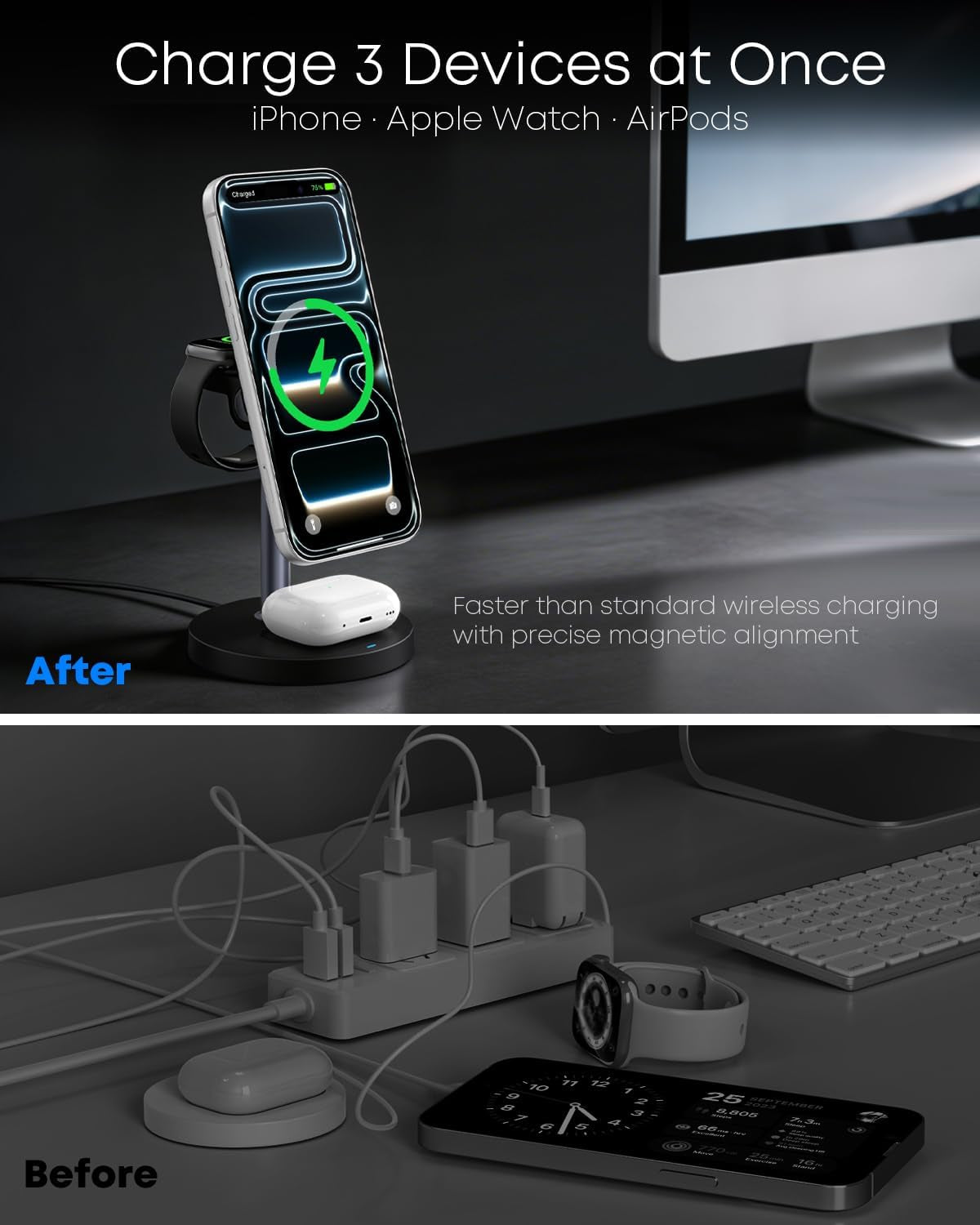3 in 1 Magnetic Wireless Charging Station, 15W Charger for Iphone, Black | Compatible with Iphone 12-17 Series, Apple Watch & Airpods, Charges 3 Devices Together, 18W Adapter Included, 3-Year Warranty