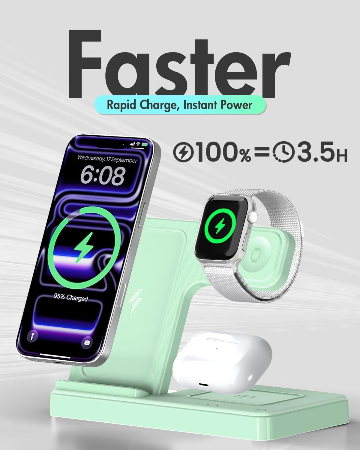 Wireless Charger Iphone Charging Station for Apple Multiple Devices | 3 in 1 Charger Stand for Iphone 17 Pro Max 17E 16 16E 15 14 13 12 & Watch Series 11-2 SE Ultra & Airpods 4 3 Pro, Light Green