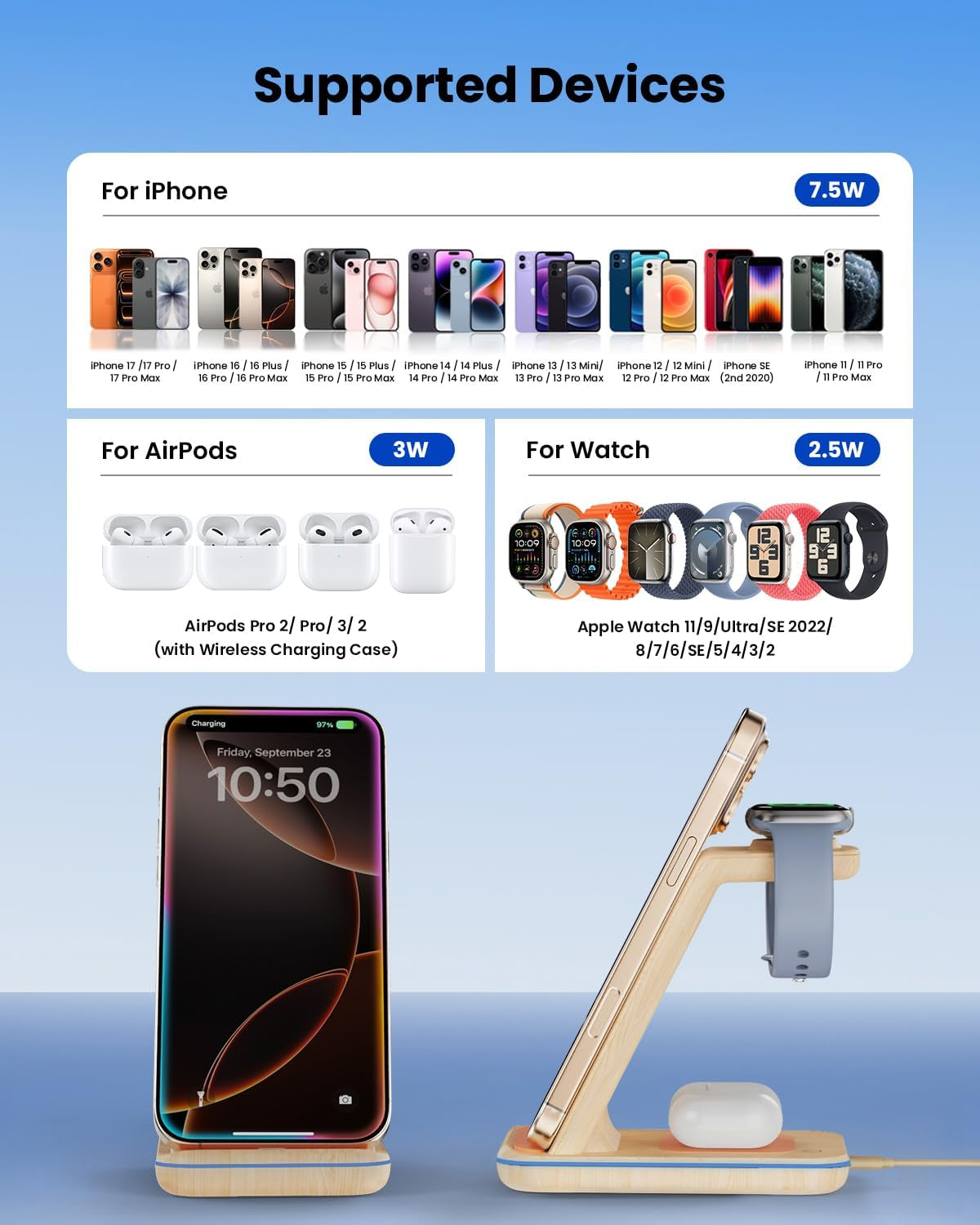 3 in 1 Wireless Charging, Wireless Charger Stand for Multiple Apple Devices, Wireless Charger for Iphone 17 16 15 14 13 12 11 Pro Max XS XR 8, Apple Watch 11 9 8 7 6 SE 5 4 3 2, Airpods 3/2/Pro