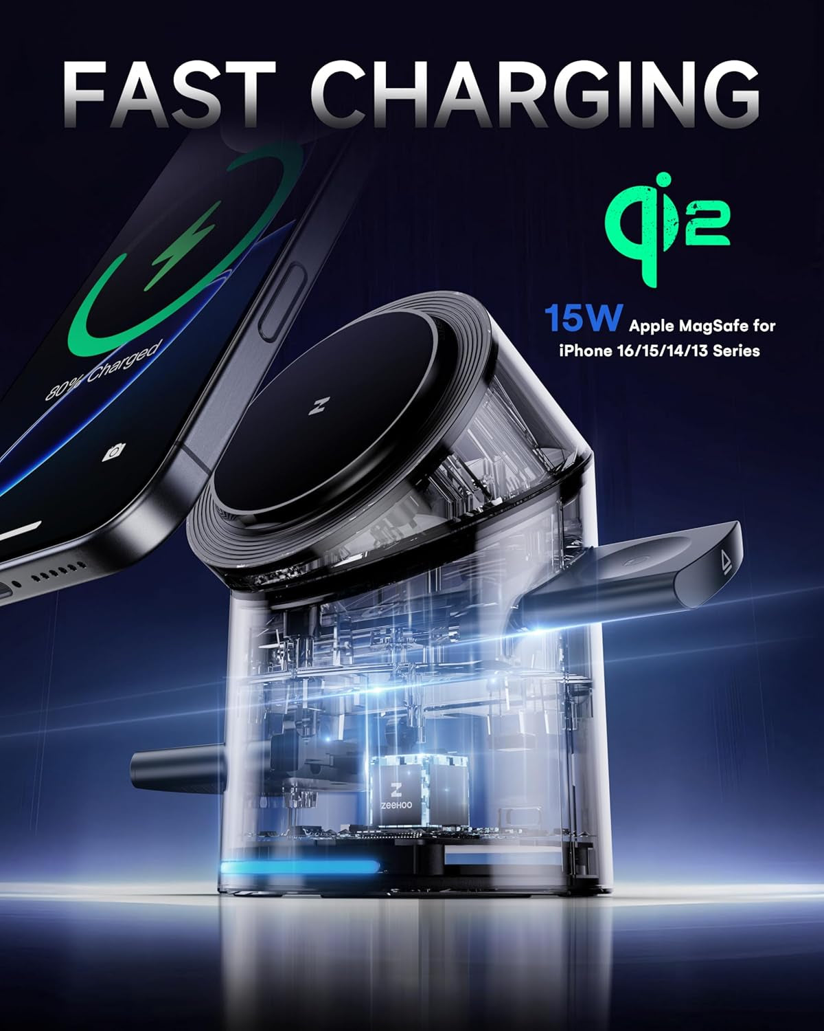 3 in 1 Charging Station for Apple Devices, Mag-Safe Charger Stand, Qi2 15W Auto-Rotating Wireless Charger for Iphone 17 16/15/14/13/12 Series& Airpods& Iwatch(Black)