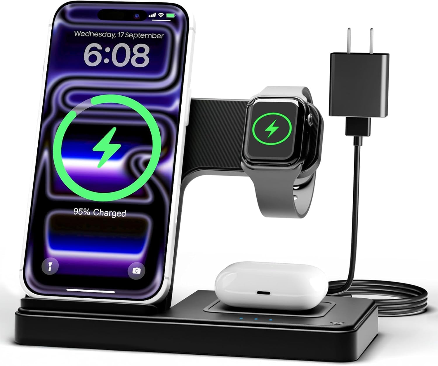Wireless Charger Iphone Charging Station for Apple Multiple Devices | 3 in 1 Charger Stand for Iphone 17 Pro Max 17E 16 16E 15 14 13 12 & Watch Series 11-2 SE Ultra & Airpods 4 3 Pro, Black