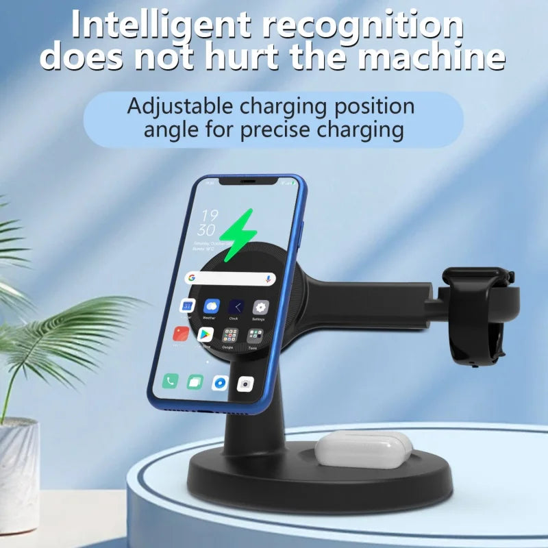 New 3-In-1 Magnetic Wireless Charging Stand for Desktop with 15W Fast Charging for Mobile Phones, Headphones and Watches