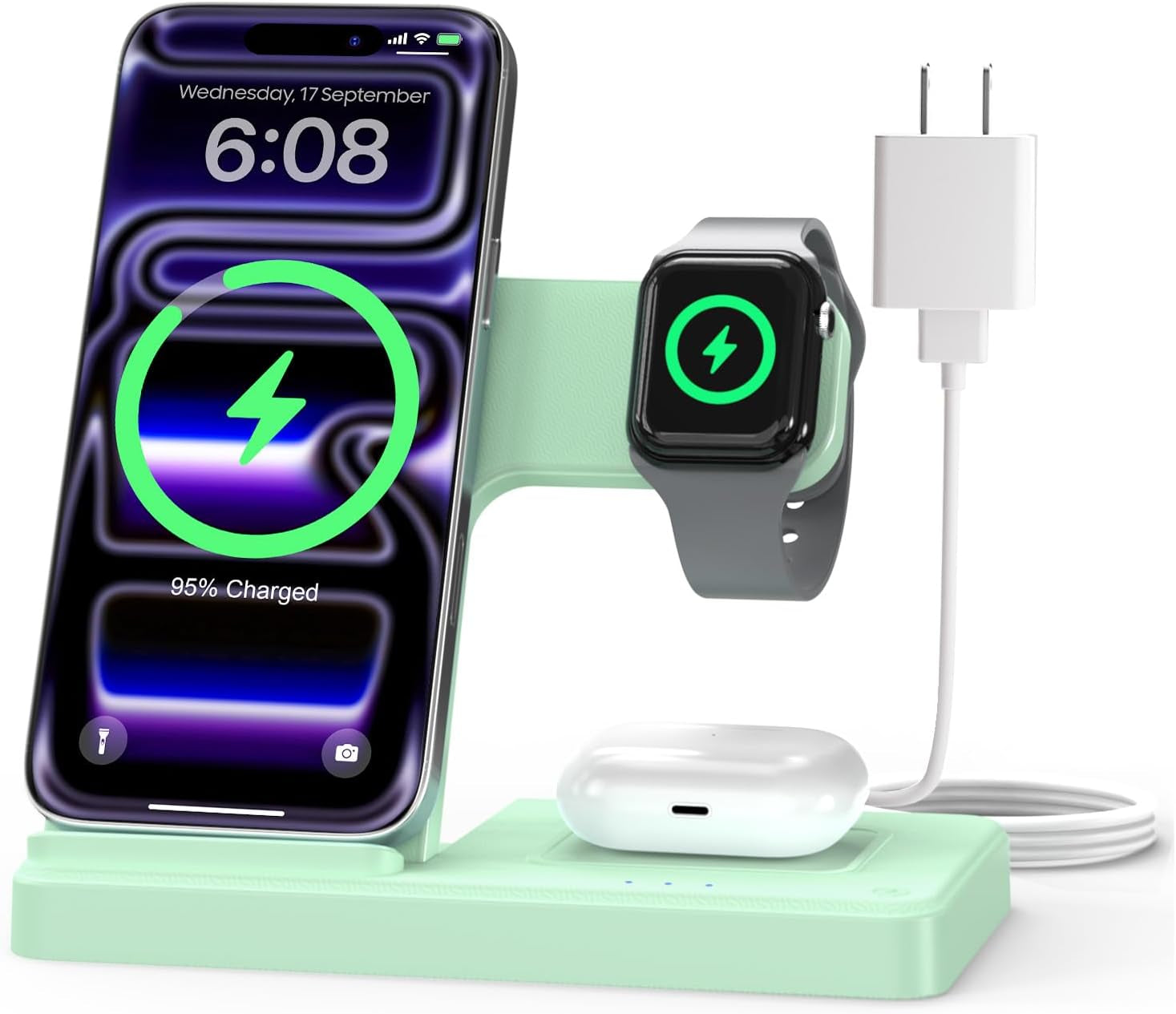 Wireless Charger Iphone Charging Station for Apple Multiple Devices | 3 in 1 Charger Stand for Iphone 17 Pro Max 17E 16 16E 15 14 13 12 & Watch Series 11-2 SE Ultra & Airpods 4 3 Pro, Light Green