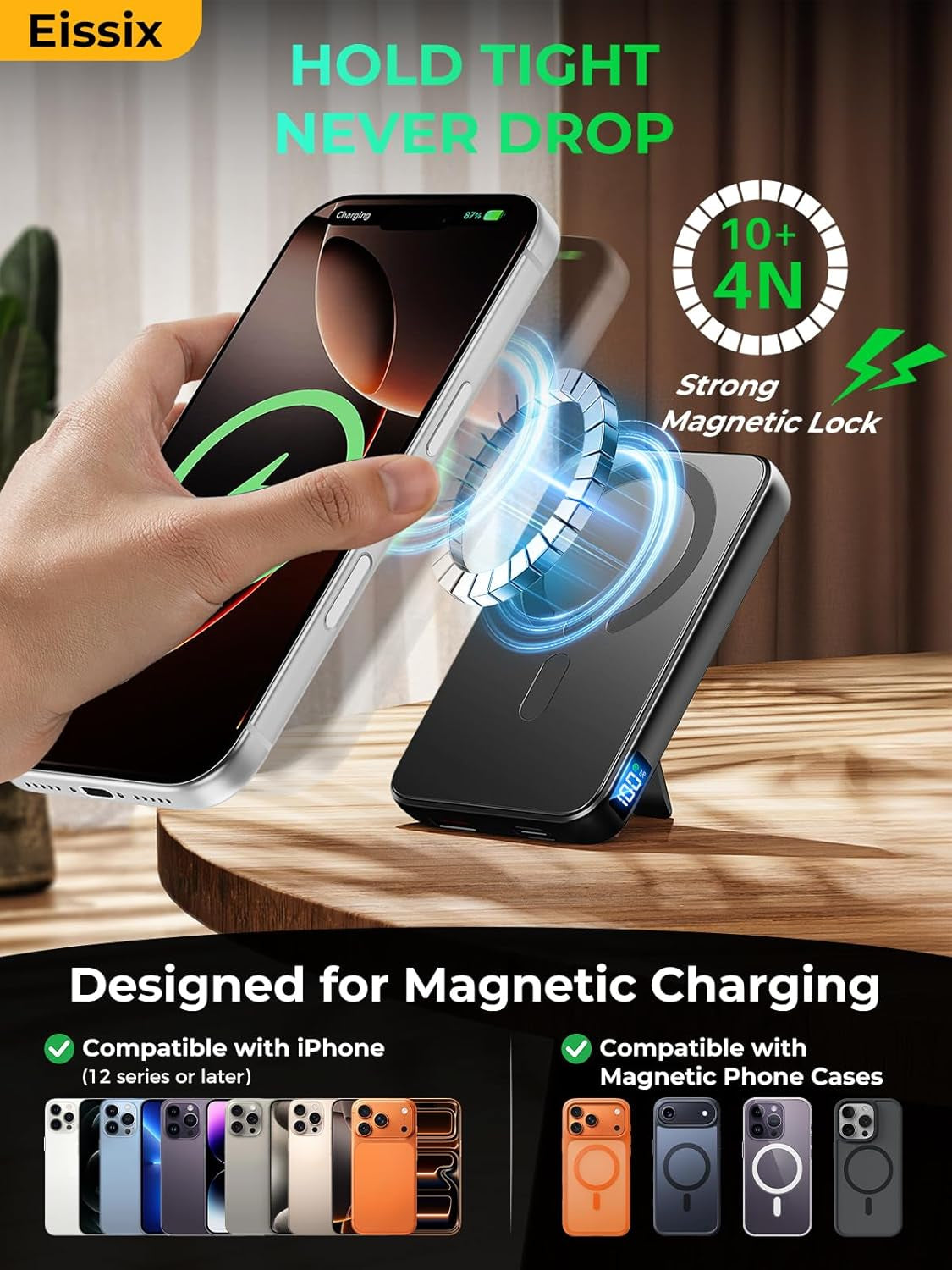 For Magsafe Power Bank, 12000Mah Magnetic Portable Charger with Adjustable Stand - Travel Essentials Wireless Battery Pack with USB-C 20W Fast Charging, LED Screen, for Iphone 17/16/15/14 Series,Black